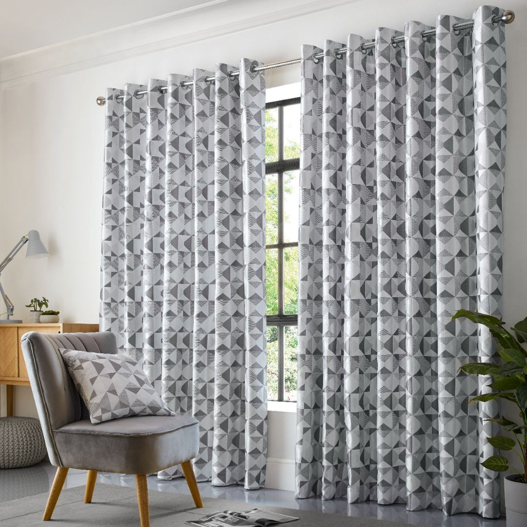 Skandi Geometric Jacquard Lined Eyelet Curtains in Silver