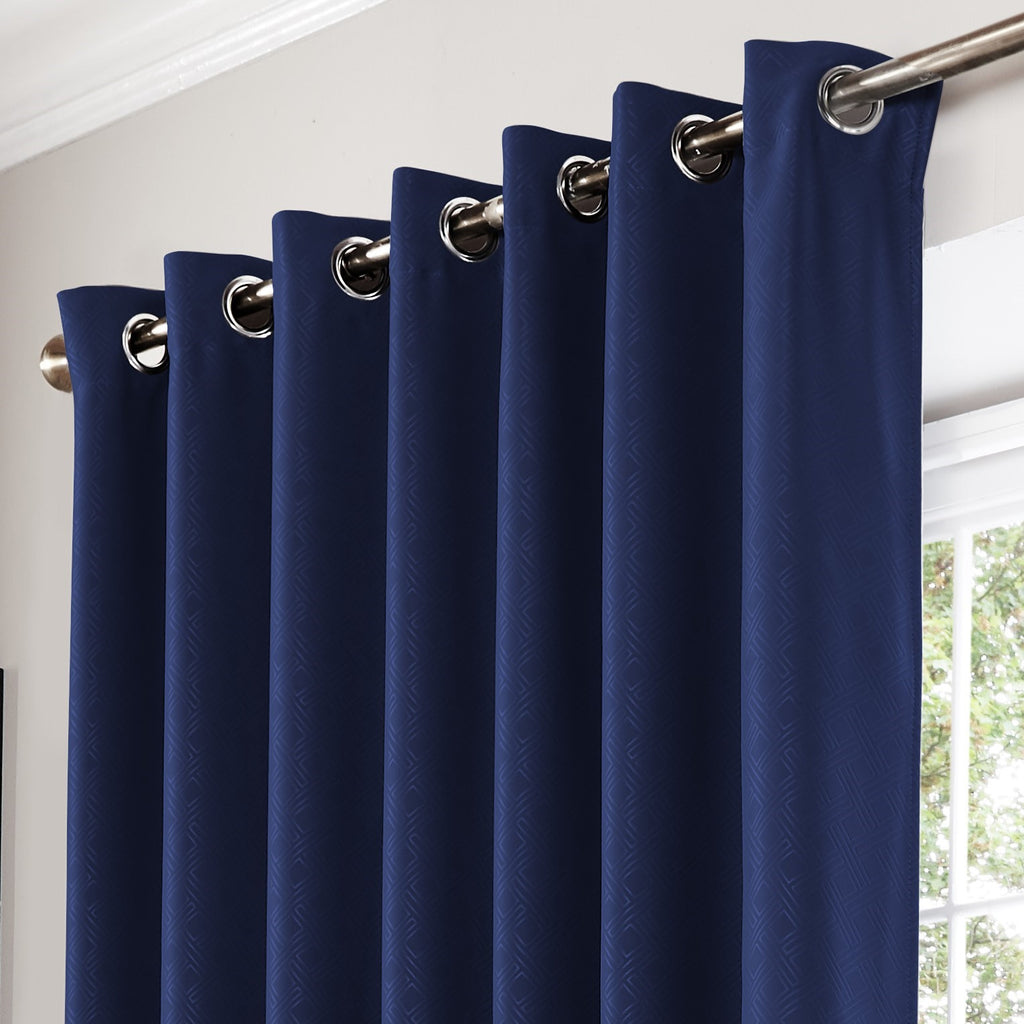 Diamond Geometric Blackout Eyelet Curtains in Blue