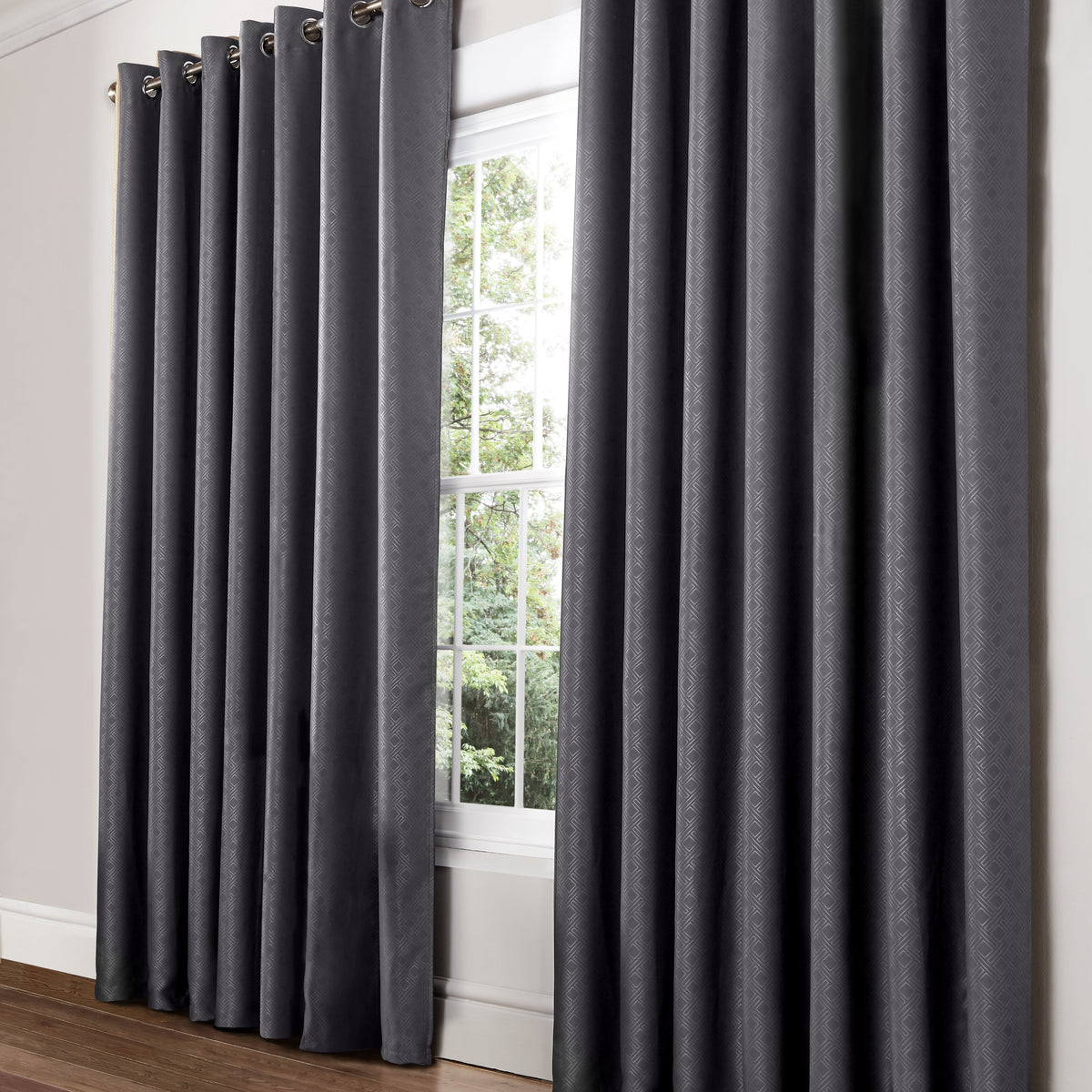 Diamond Geometric Blackout Eyelet Curtains in Charcoal