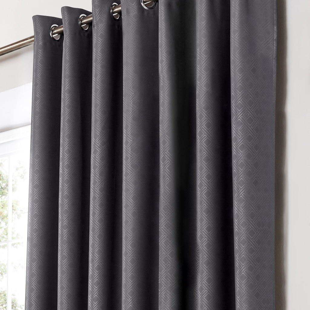 Diamond Geometric Blackout Eyelet Curtains in Charcoal