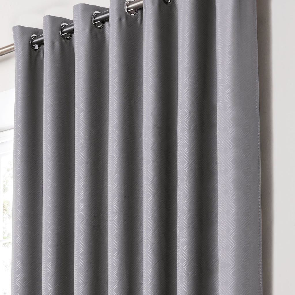Diamond Geometric Blackout Eyelet Curtains in Silver
