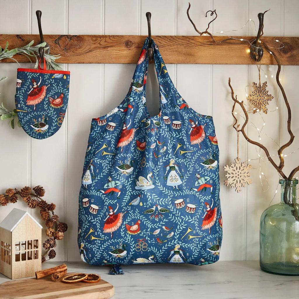 Ulster Weavers 12 Days of Christmas Foldable Tote Bag Medium in Blue