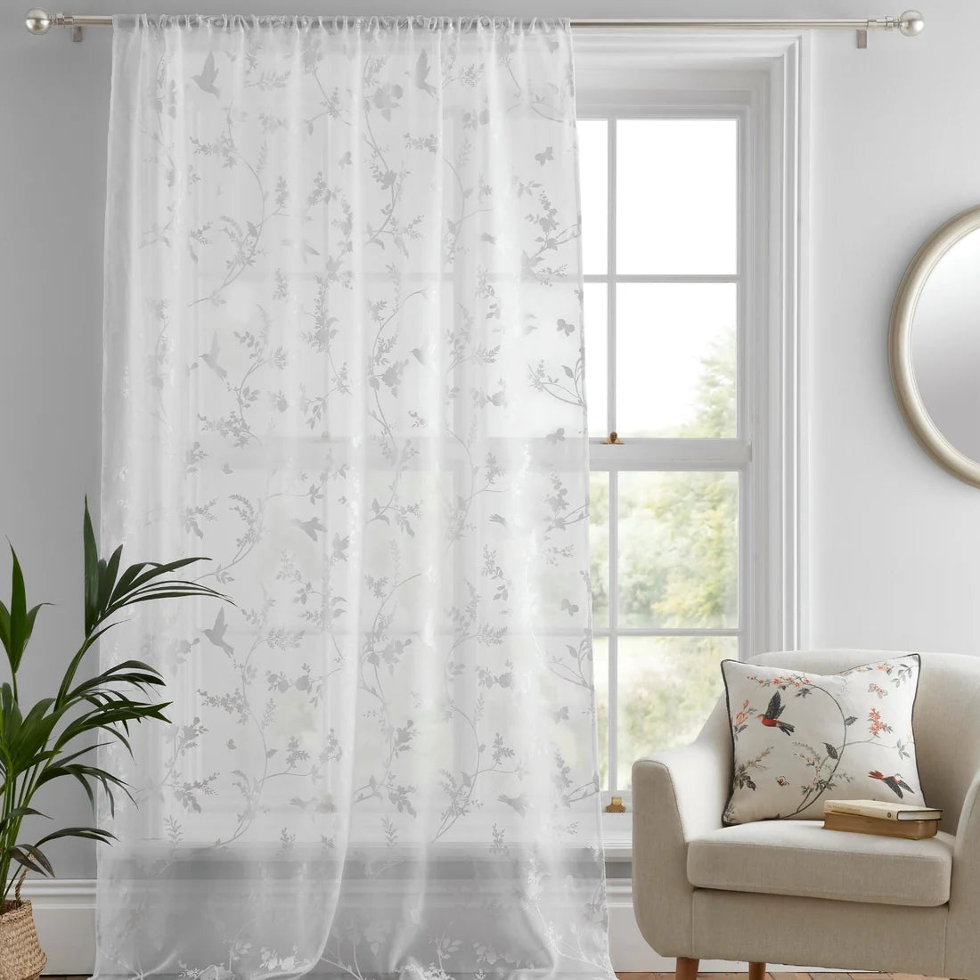 Dreams & Drapes Darnley Floral & Bird Voile Curtain Panel in White