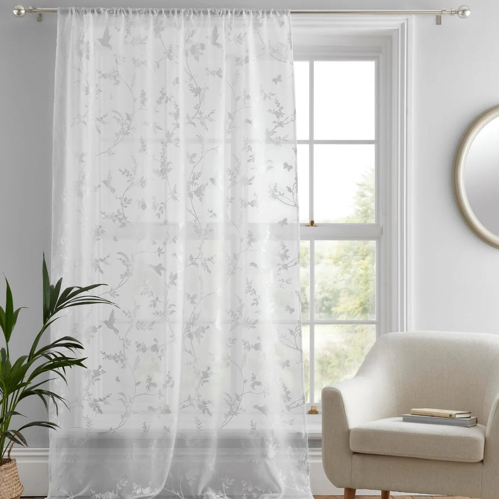 Dreams & Drapes Darnley Floral & Bird Voile Curtain Panel in White