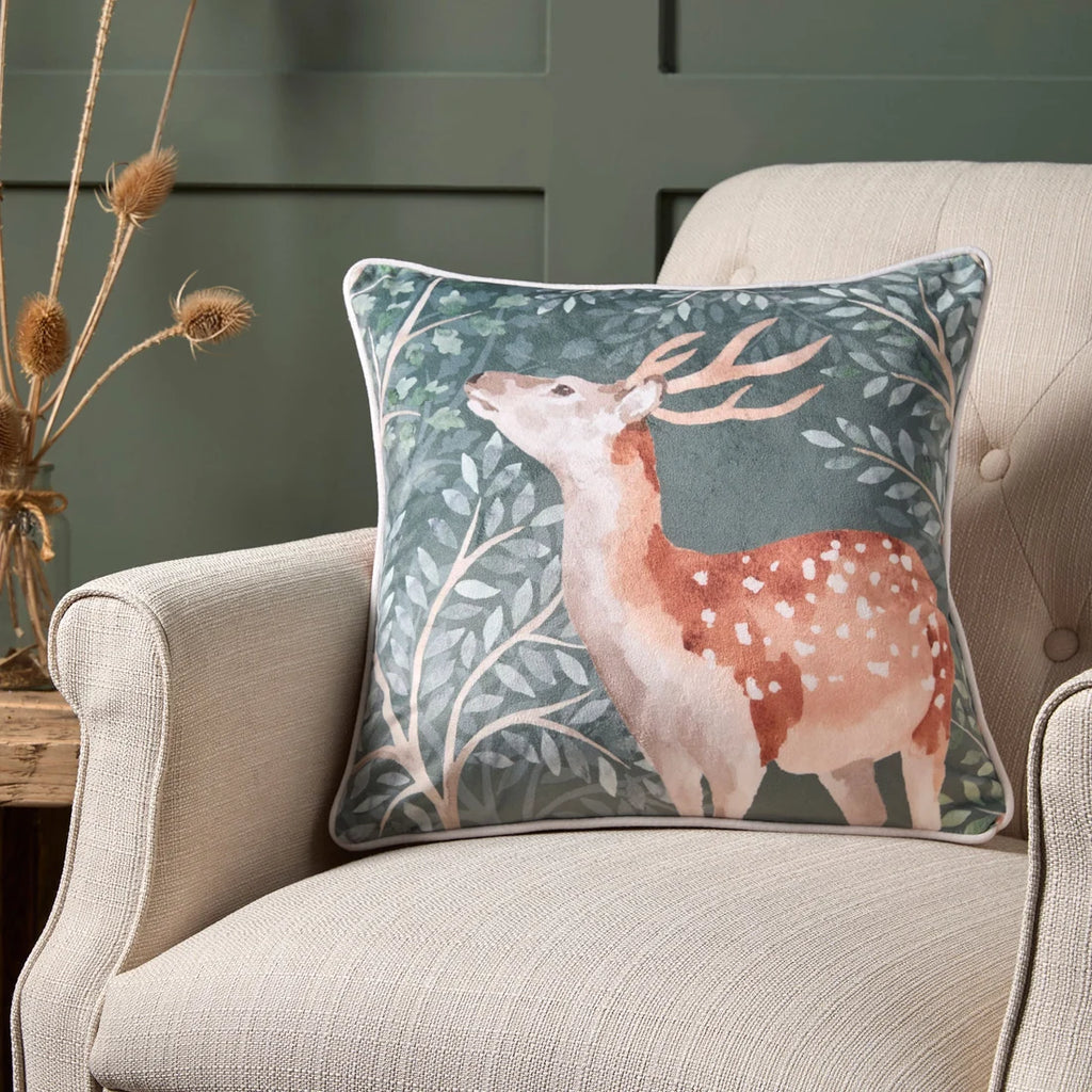 Dreams & Drapes Forest Animals Filled Velvet Cushion in Green 43 x 43cm