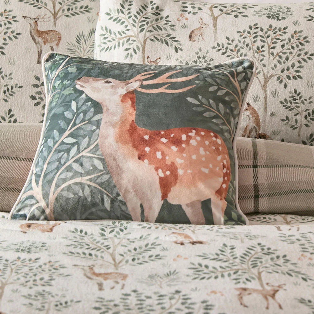 Dreams & Drapes Forest Animals Filled Velvet Cushion in Green 43 x 43cm