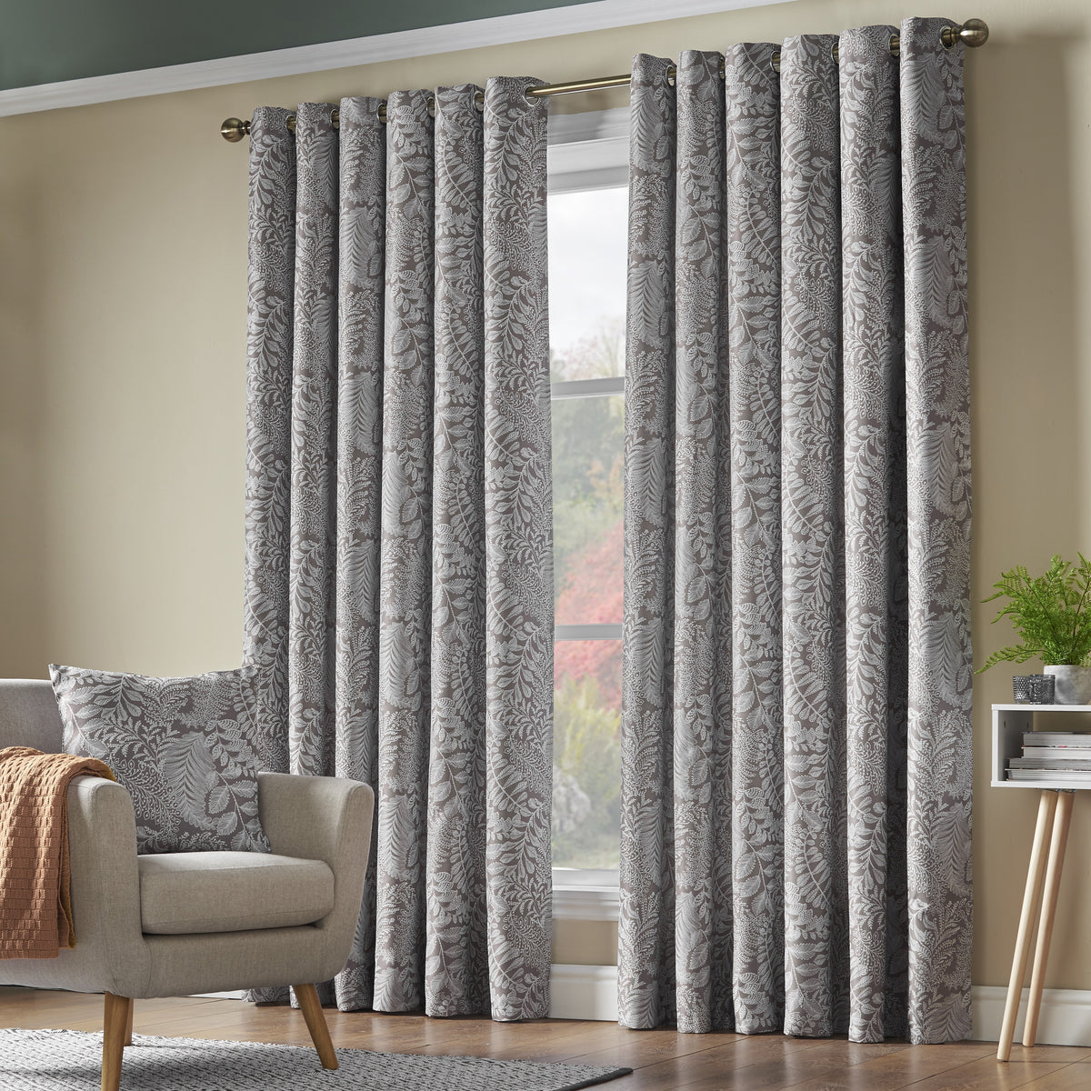 Ferndown Botanical Blackout Eyelet Curtains in Latte