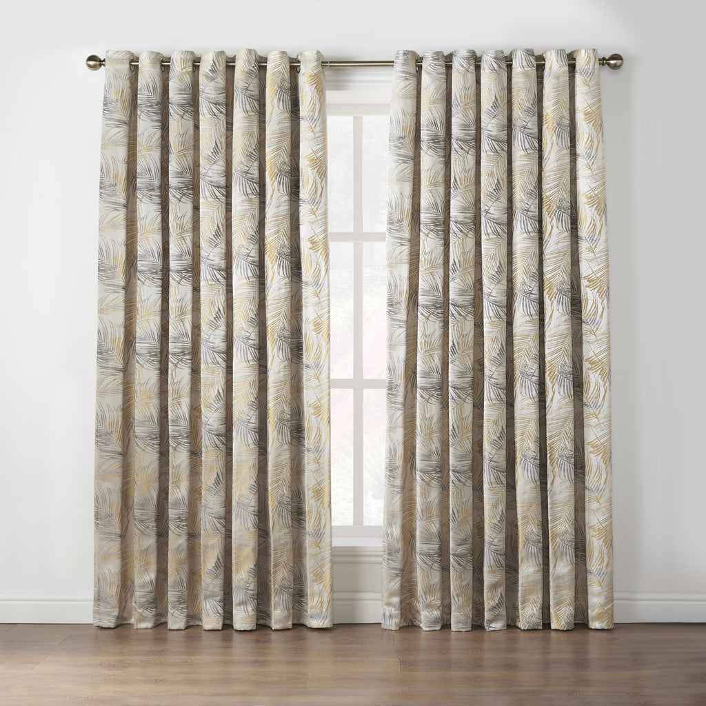 Fiji Floral Leaf Jacquard Lined Eyelet Curtains in Ochre