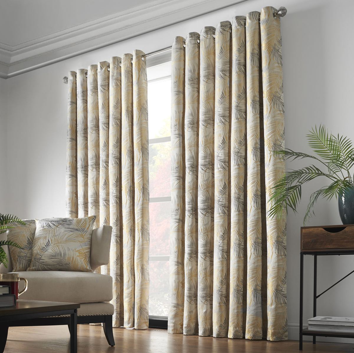 Fiji Floral Leaf Jacquard Lined Eyelet Curtains in Ochre
