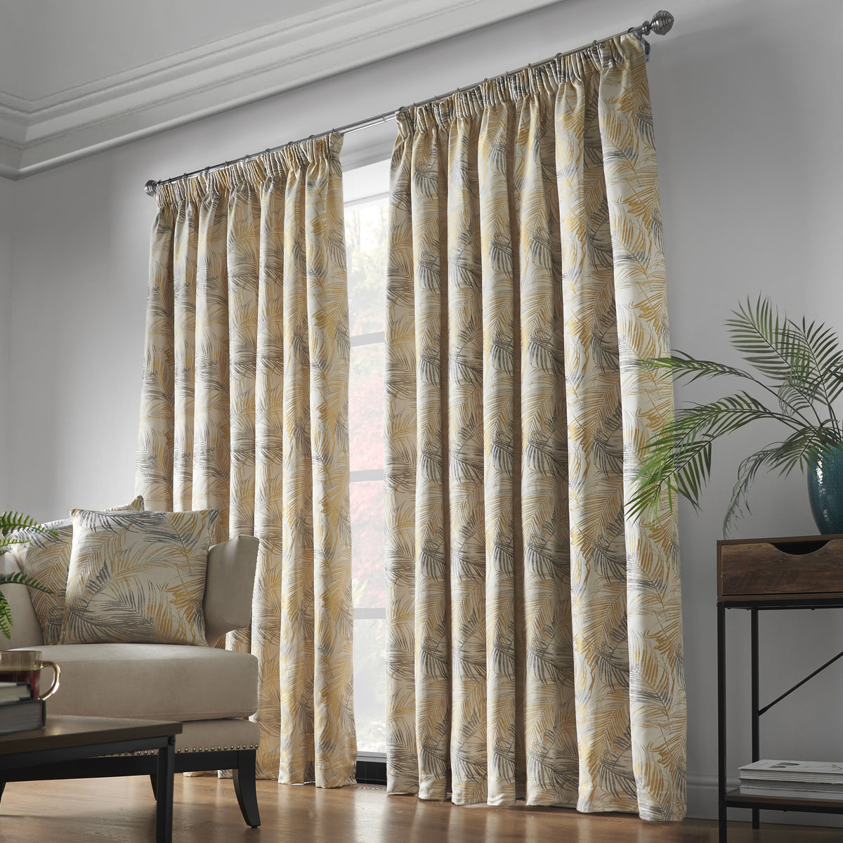 Fiji Floral Leaf Jacquard Lined Pencil Pleat Curtains in Ochre