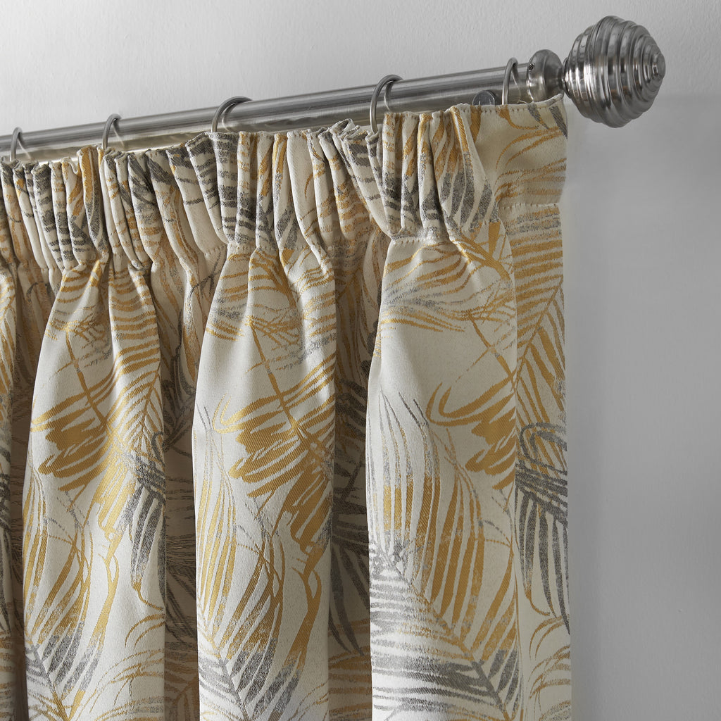Fiji Floral Leaf Jacquard Lined Pencil Pleat Curtains in Ochre