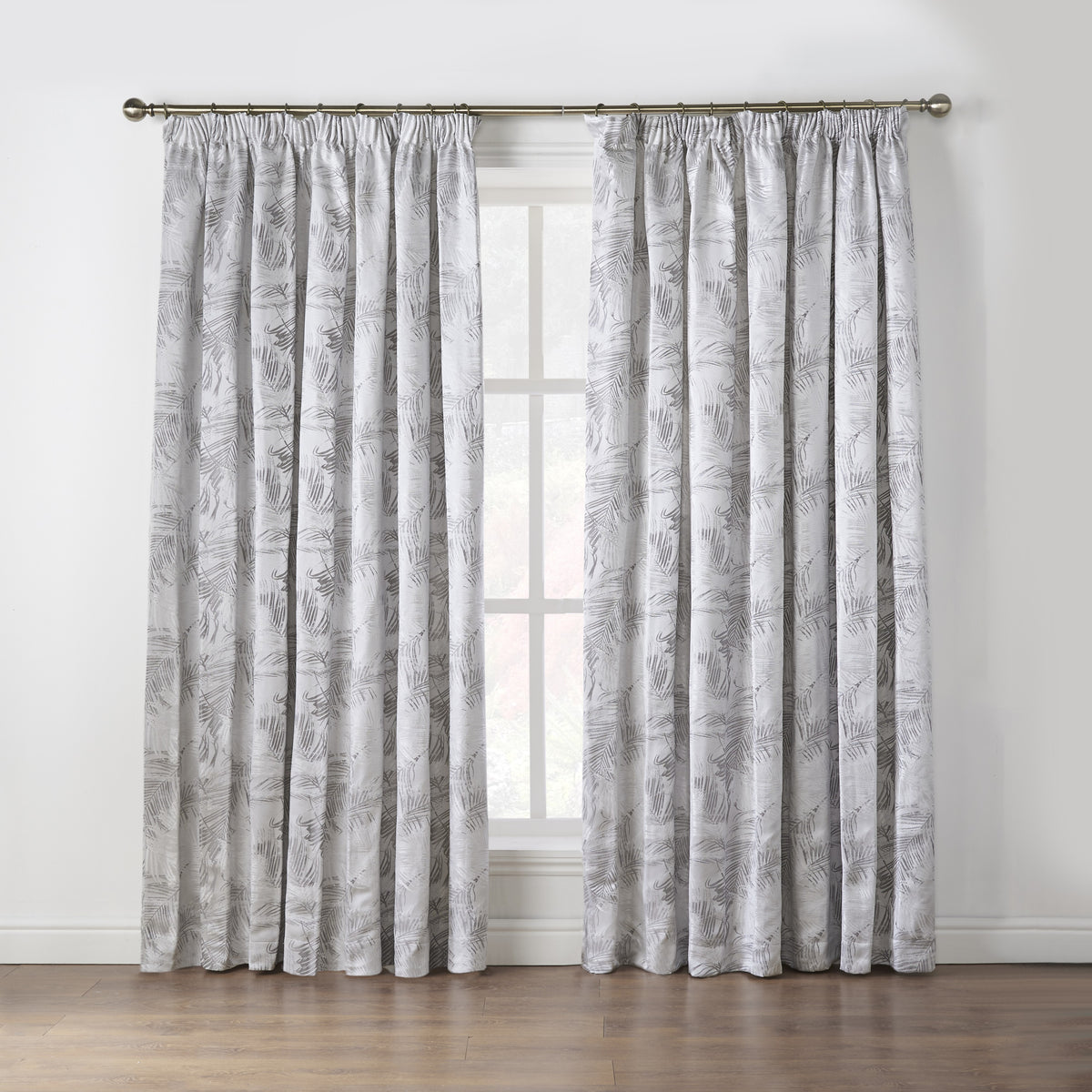 Fiji Floral Leaf Jacquard Lined Pencil Pleat Curtains in Silver