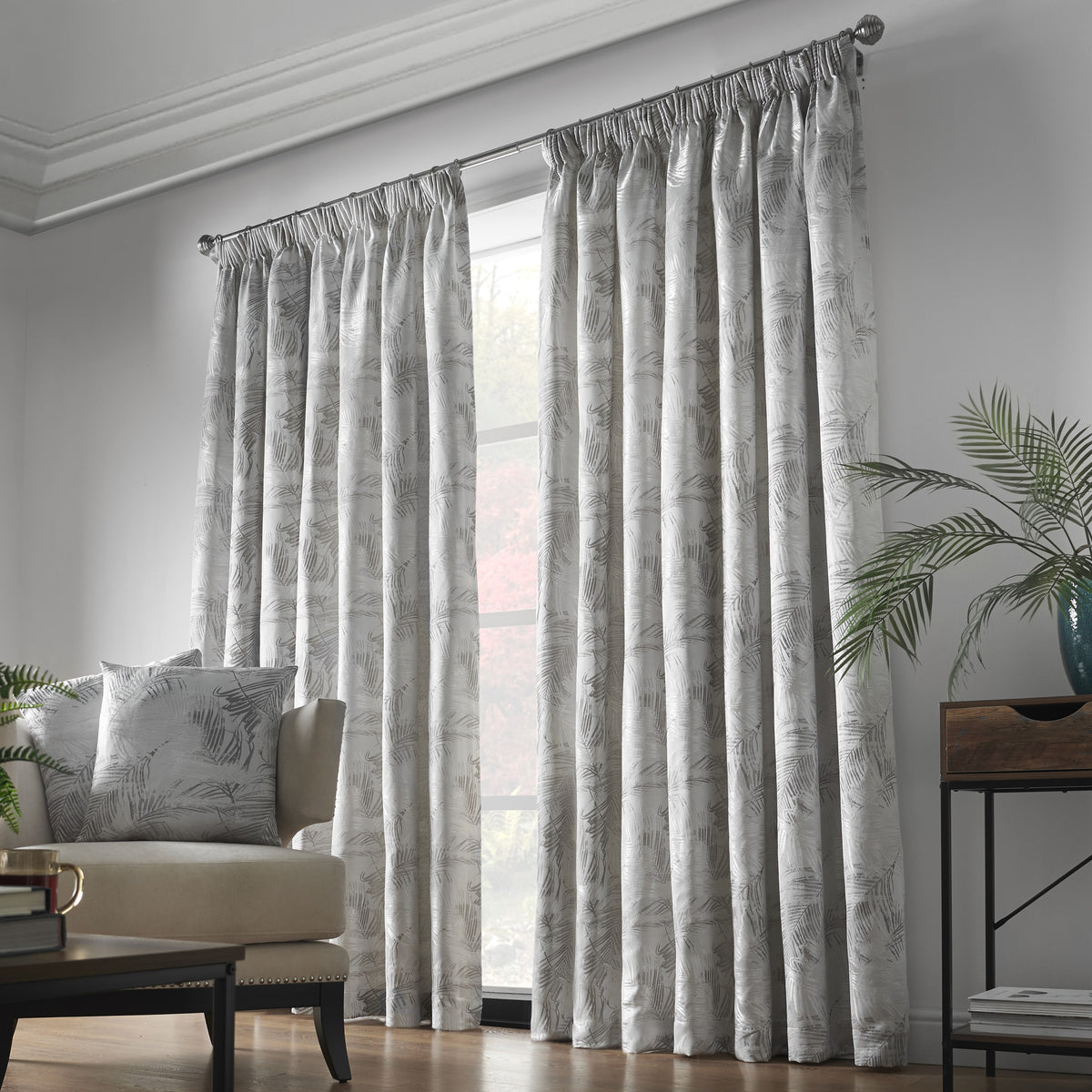 Fiji Floral Leaf Jacquard Lined Pencil Pleat Curtains in Silver