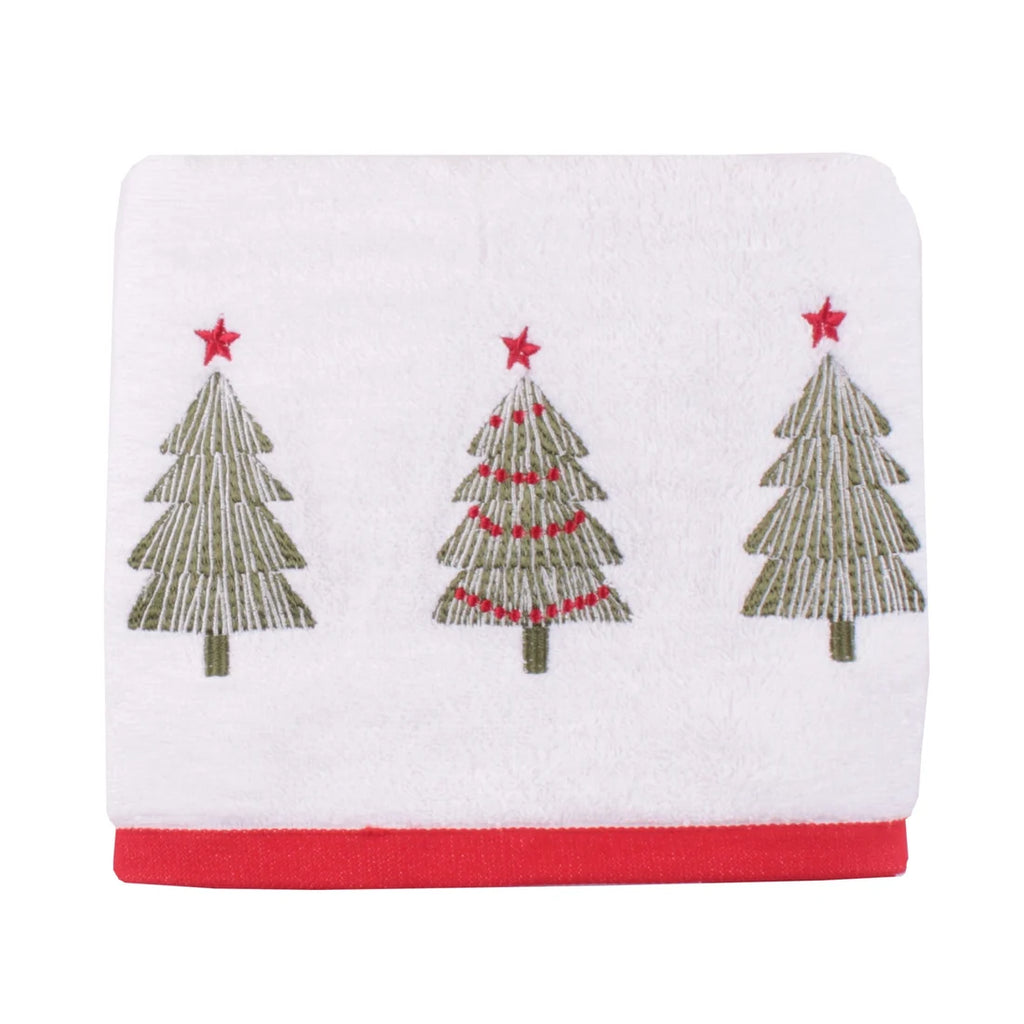 Fusion Christmas Trees Embroidered Hand Towels 2 Pack in White 50 x 90cm