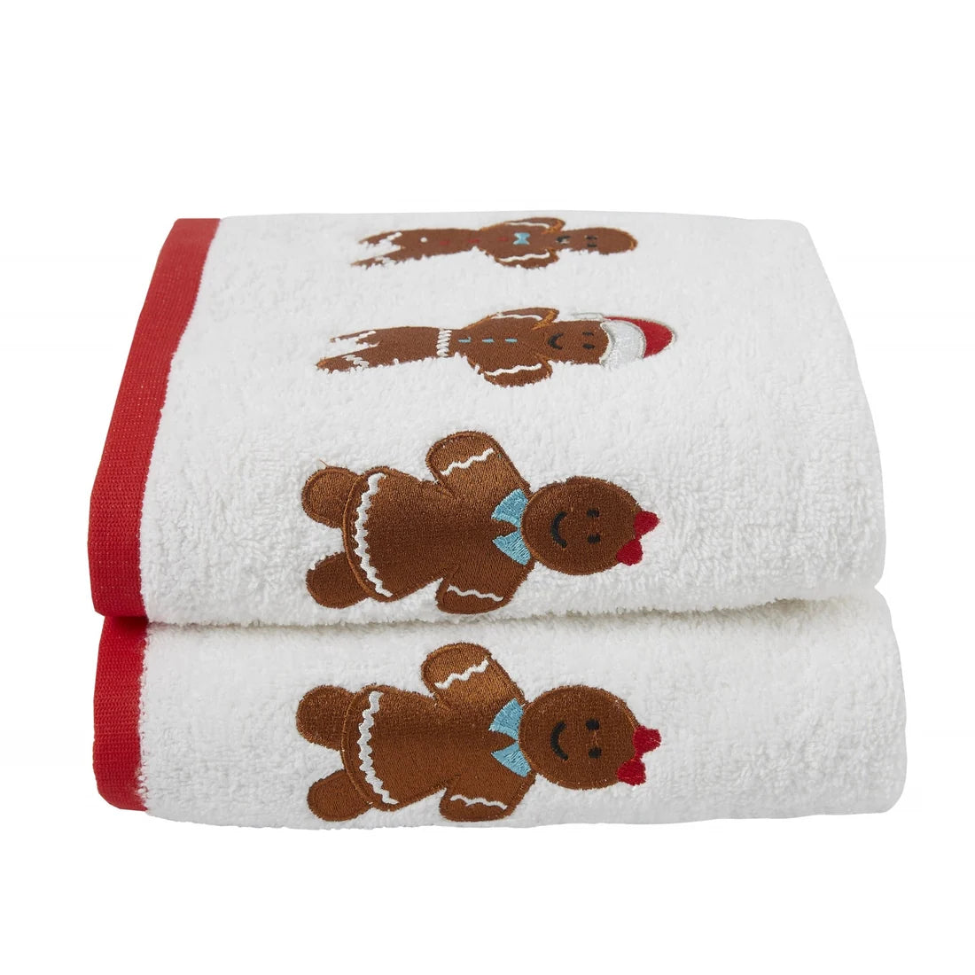 Fusion Gingerbread Christmas Embroidered Hand Towels 2 Pack in White 50 x 90cm