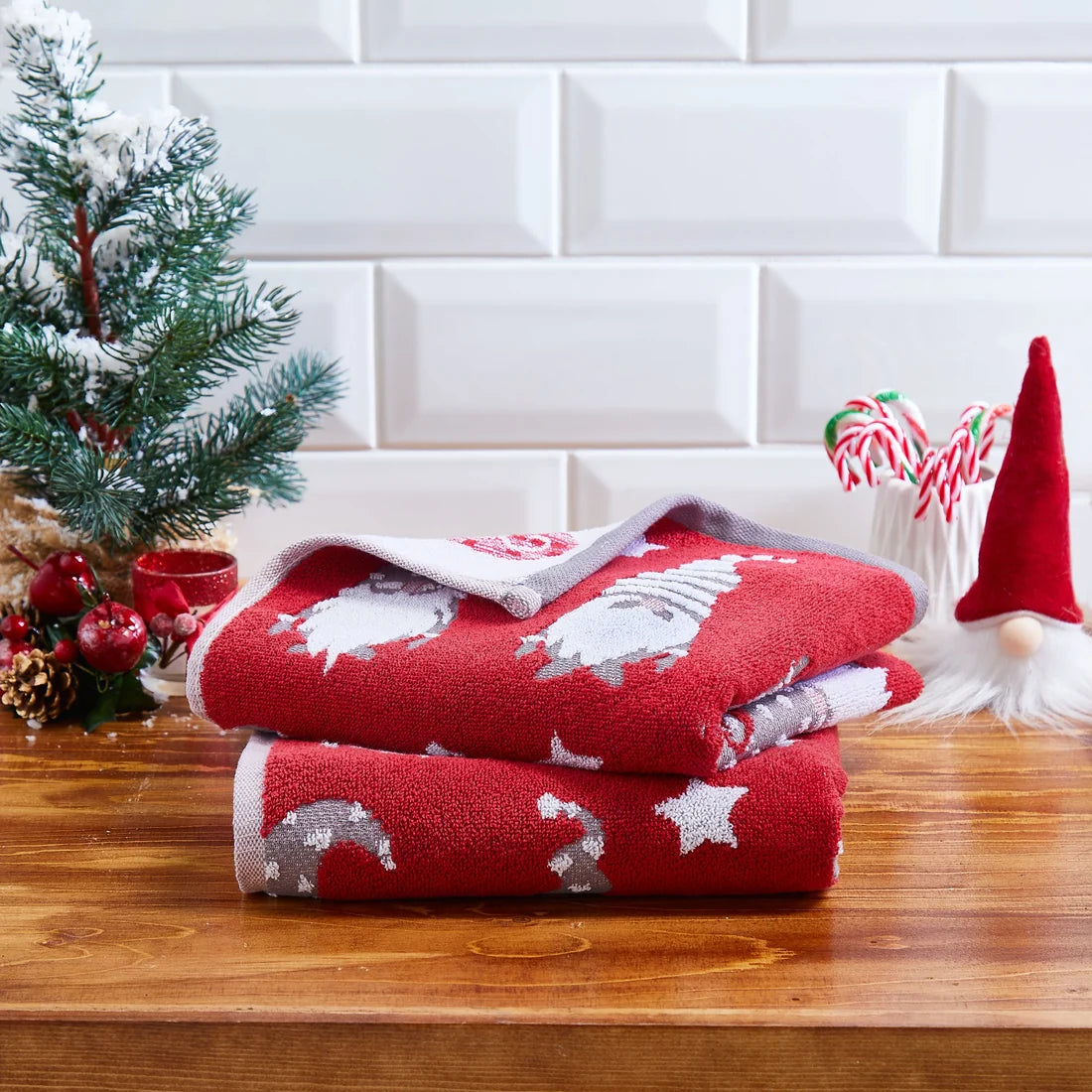 Fusion Gonks Christmas Luxury Cotton Hand Towels 2 Pack in Multicolour 50 x 90cm
