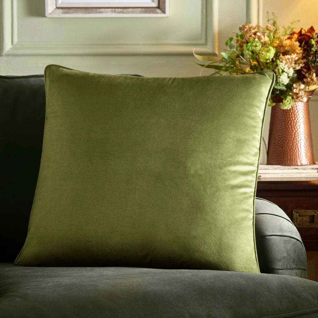 Appletree Harlan Velvet Cushion in Olive 55 x 55cm