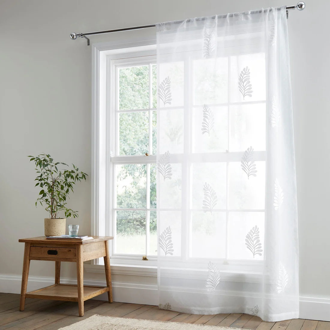 Appletree Leaf Embroidery Voile Curtain Panel in White