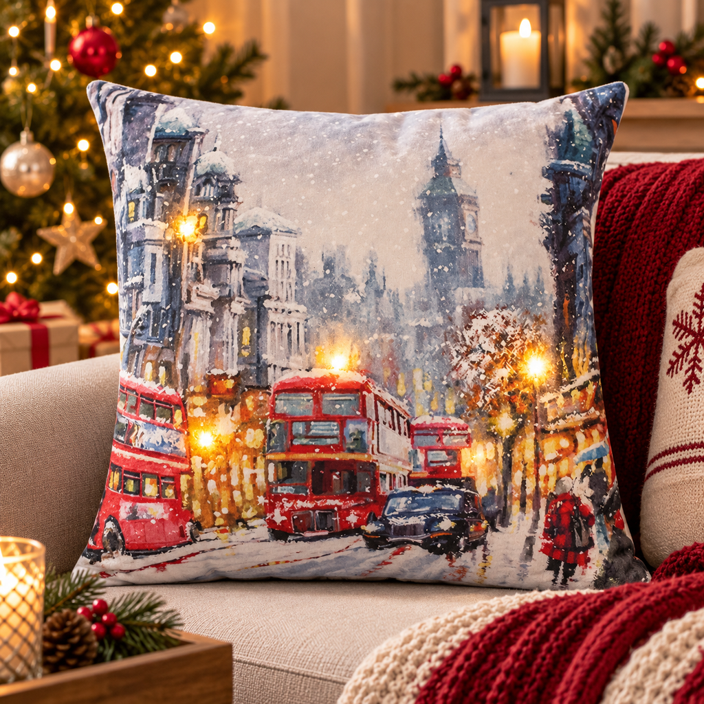 London Christmas LED Cushion with Red Buses 45 x 45cm
