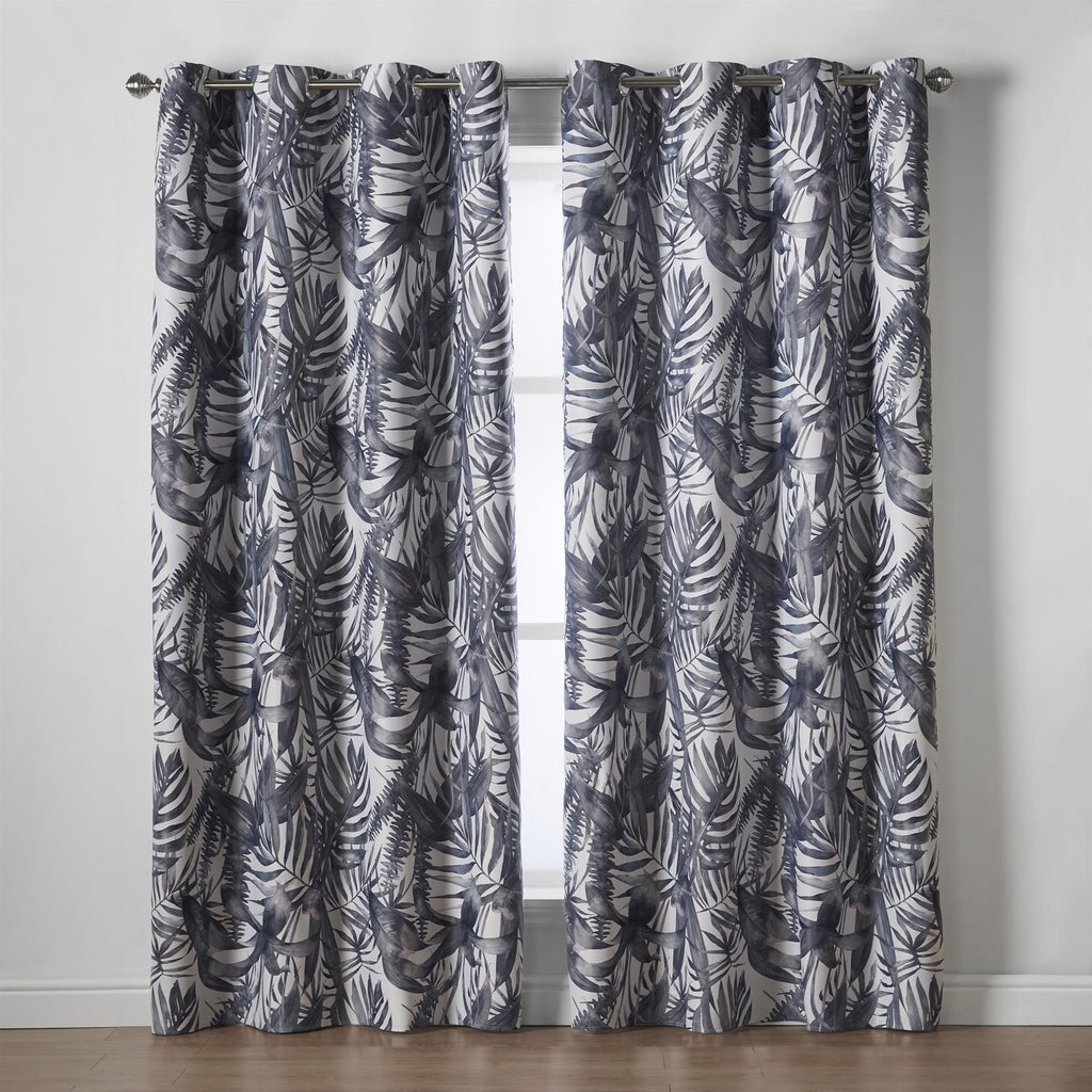 Malay Tropical Palm Leaf Thermal Blackout Eyelet Curtains in Charcoal