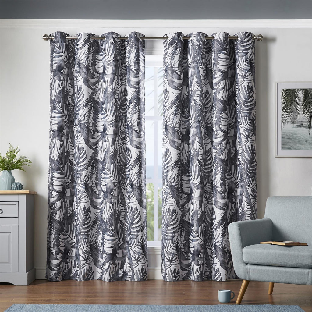 Malay Tropical Palm Leaf Thermal Blackout Eyelet Curtains in Charcoal