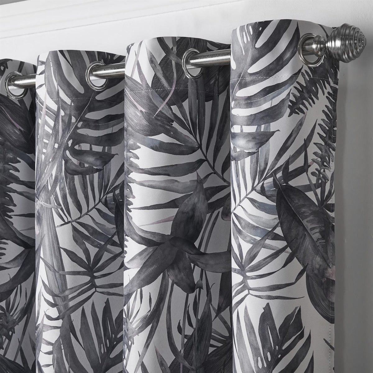 Malay Tropical Palm Leaf Thermal Blackout Eyelet Curtains in Charcoal