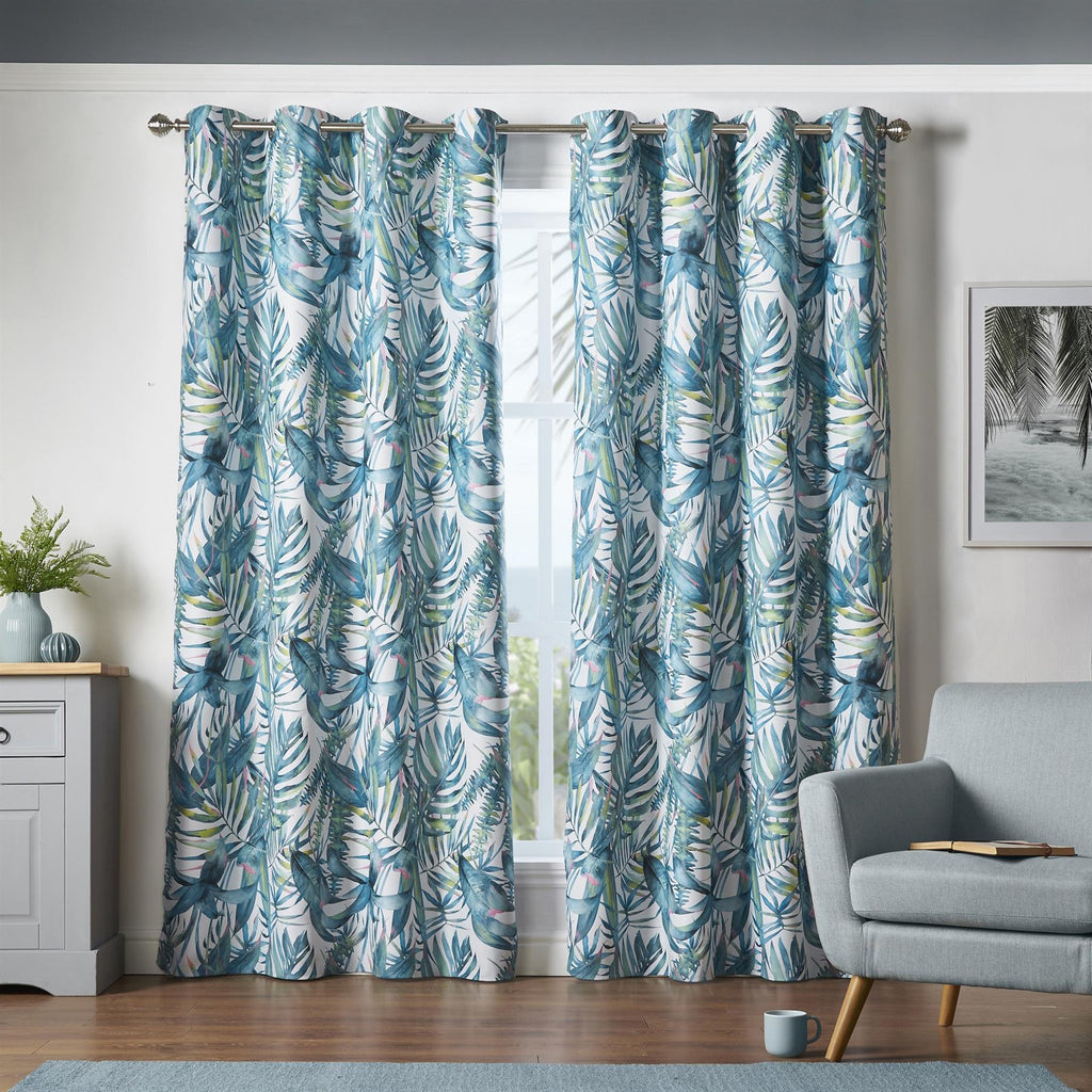 Malay Tropical Palm Leaf Thermal Blackout Eyelet Curtains in Green