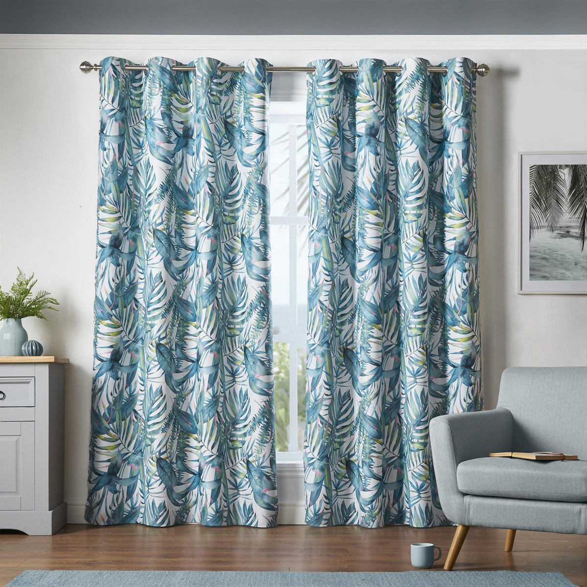 Malay Tropical Palm Leaf Thermal Blackout Eyelet Curtains in Green