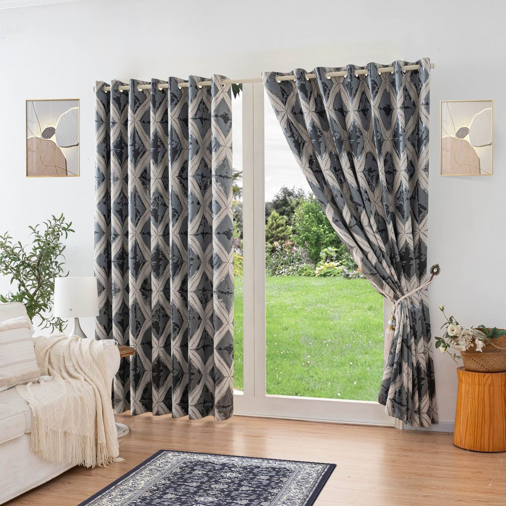 Matrix Metallic Diamond Jacquard Lined Eyelet Curtains in Charcoal/Silver