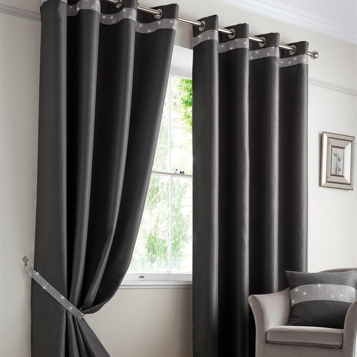 Palace Diamante Thermal Blackout Eyelet Curtains in Charcoal
