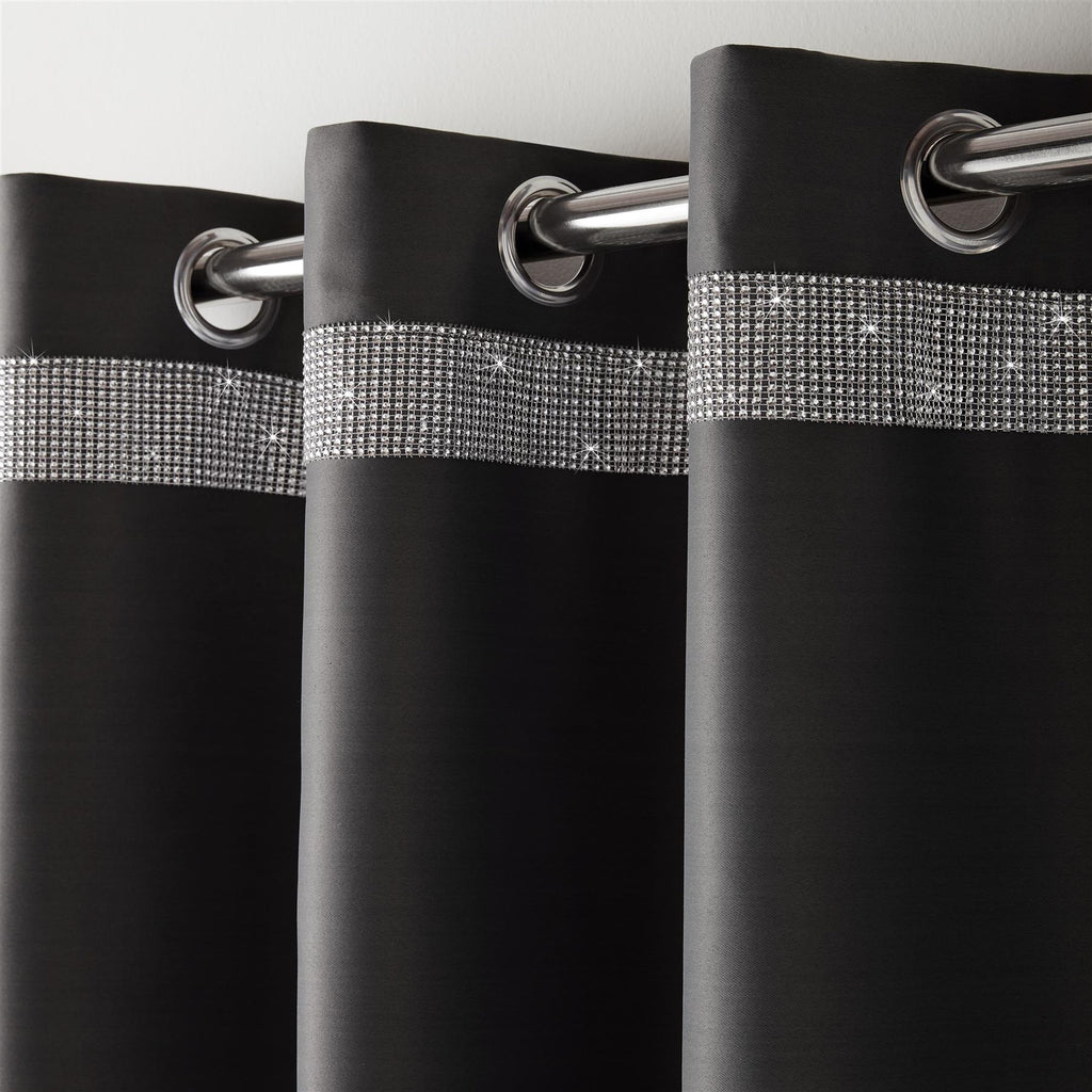 Palace Diamante Thermal Blackout Eyelet Curtains in Charcoal