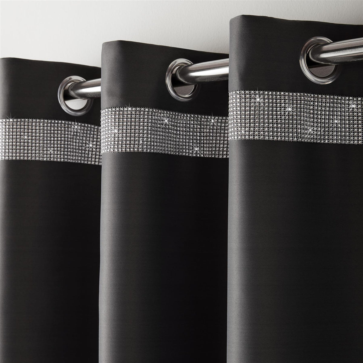 Palace Diamante Thermal Blackout Eyelet Curtains in Charcoal