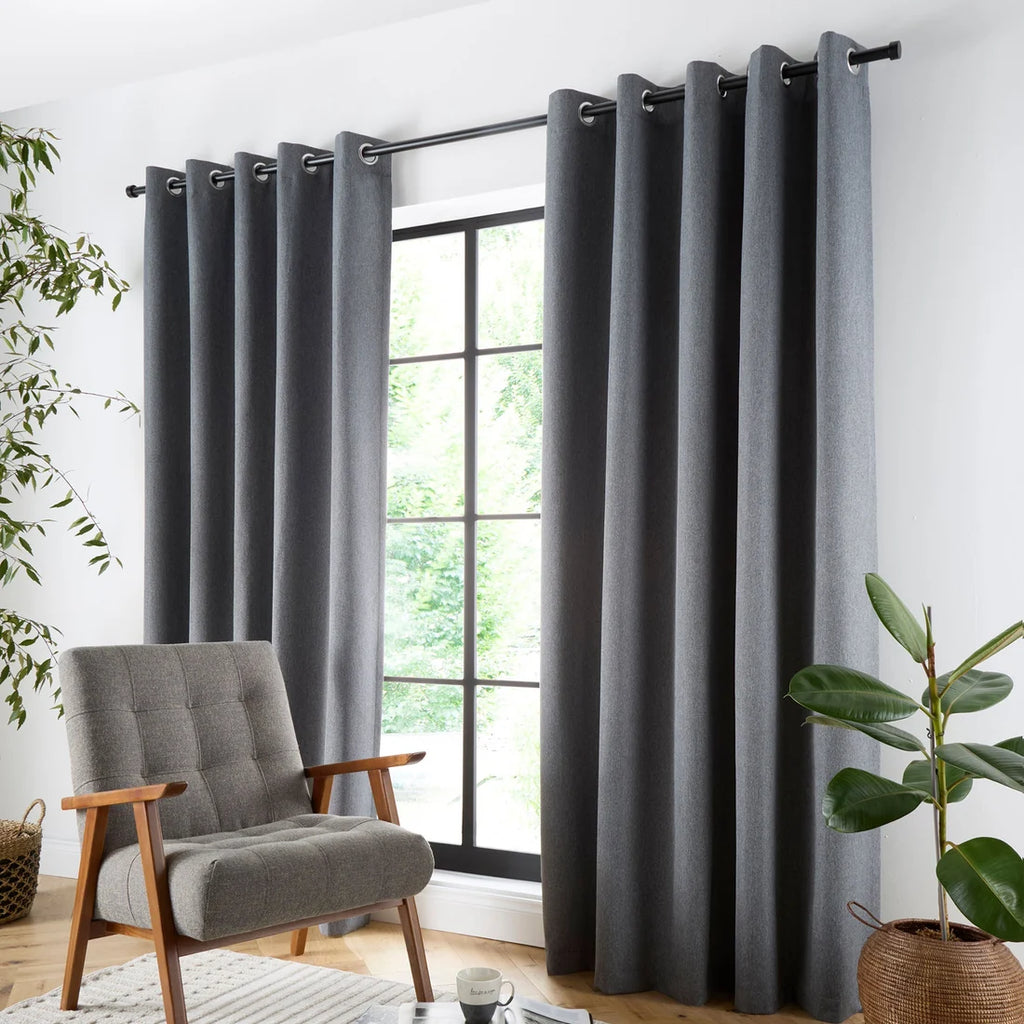 Curtina Plain Twill Blackout Eyelet Curtains in Charcoal