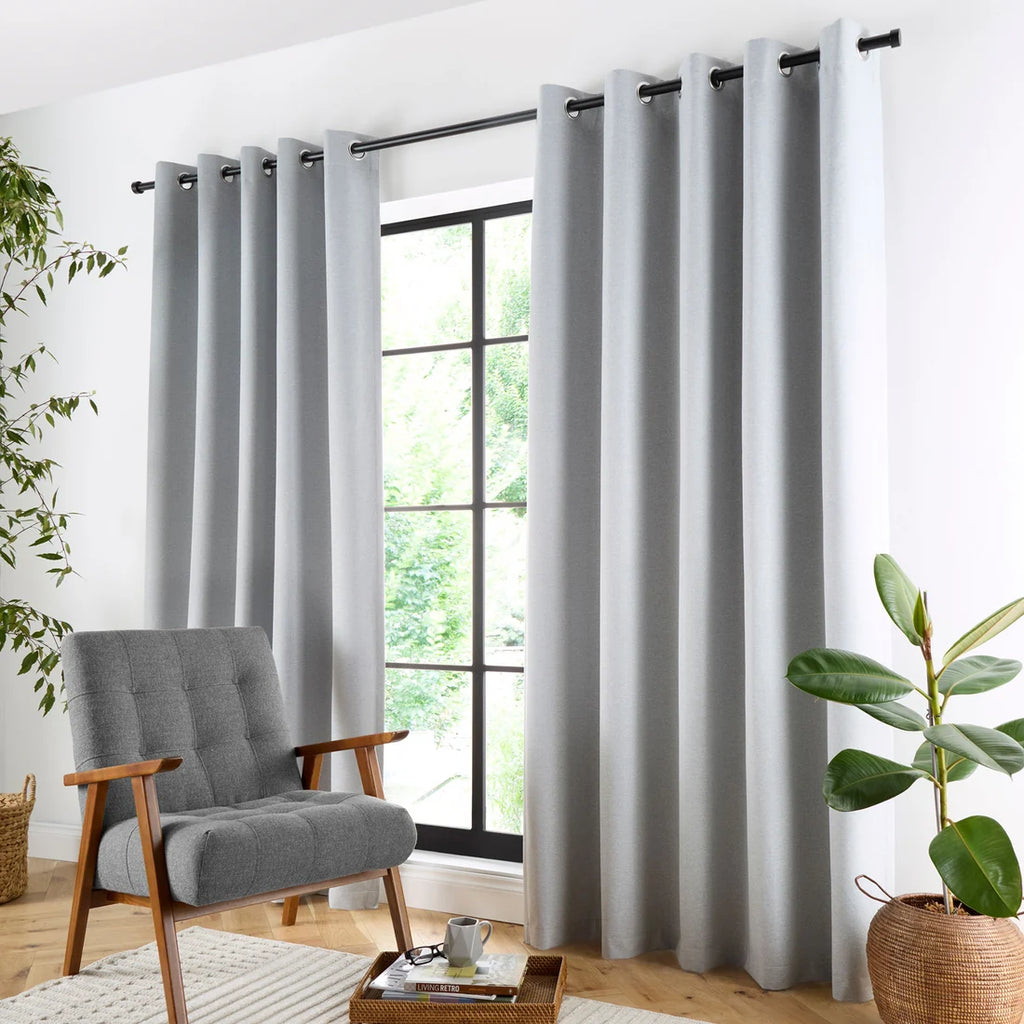 Curtina Plain Twill Blackout Eyelet Curtains in Silver