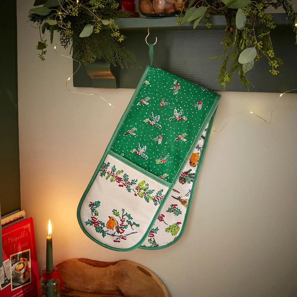 Ulster Weavers Christmas Robins Double Oven Glove in Green