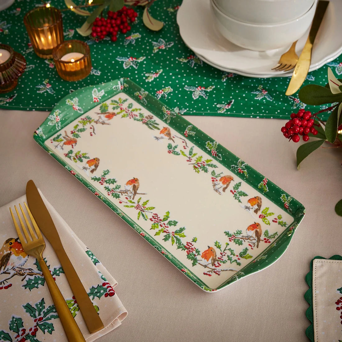 Ulster Weavers Christmas Robins Small Serving Tray in Green