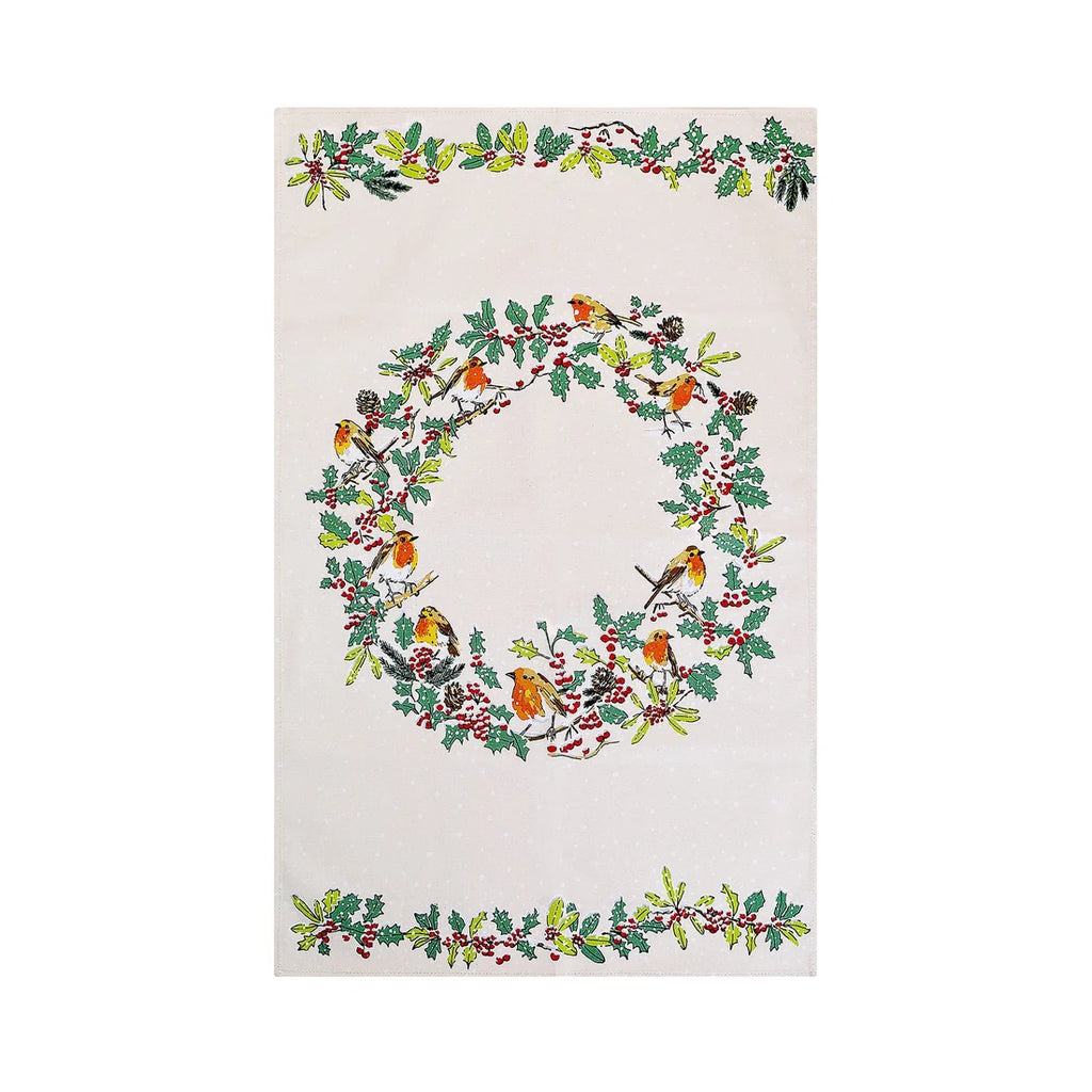 Ulster Weavers Christmas Robins Cotton Tea Towel in Green