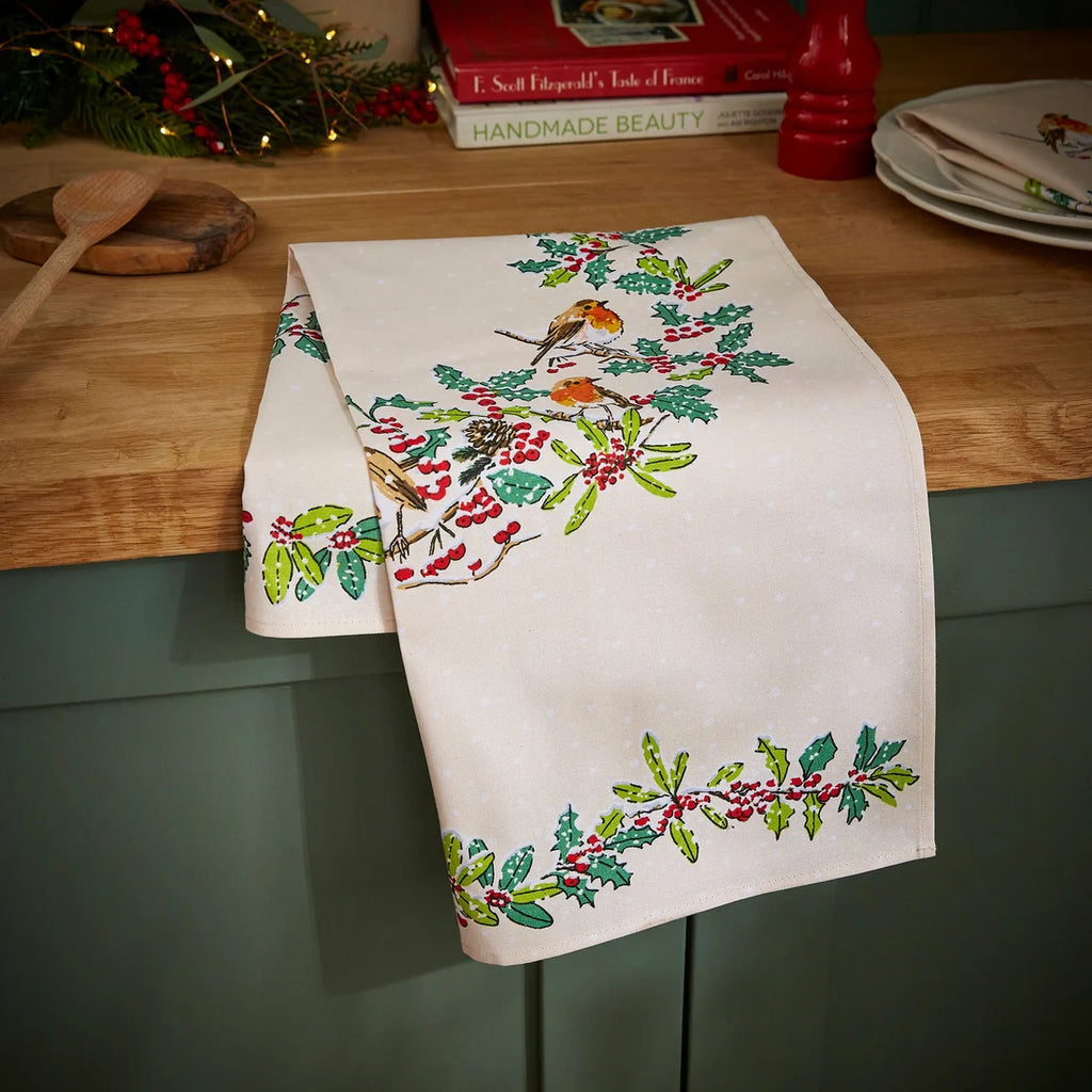 Ulster Weavers Christmas Robins Cotton Tea Towel in Green