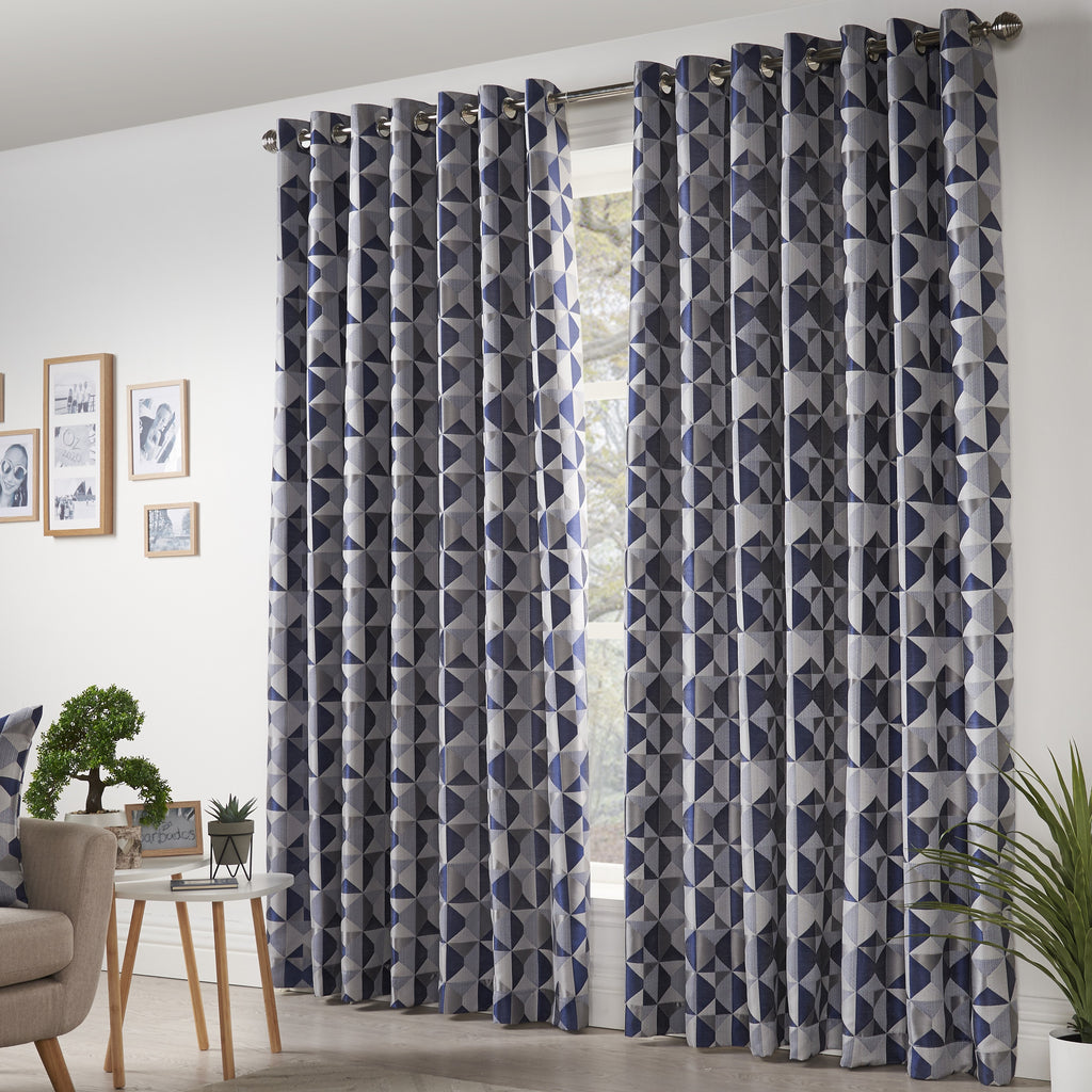 Skandi Geometric Jacquard Lined Eyelet Curtains in Navy