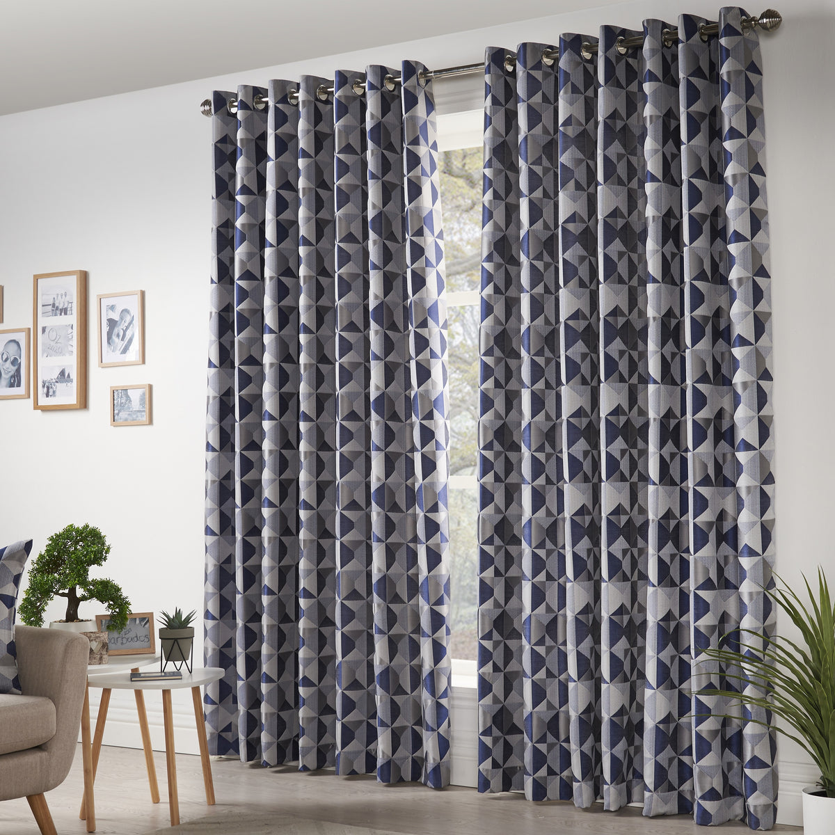 Skandi Geometric Jacquard Lined Eyelet Curtains in Navy