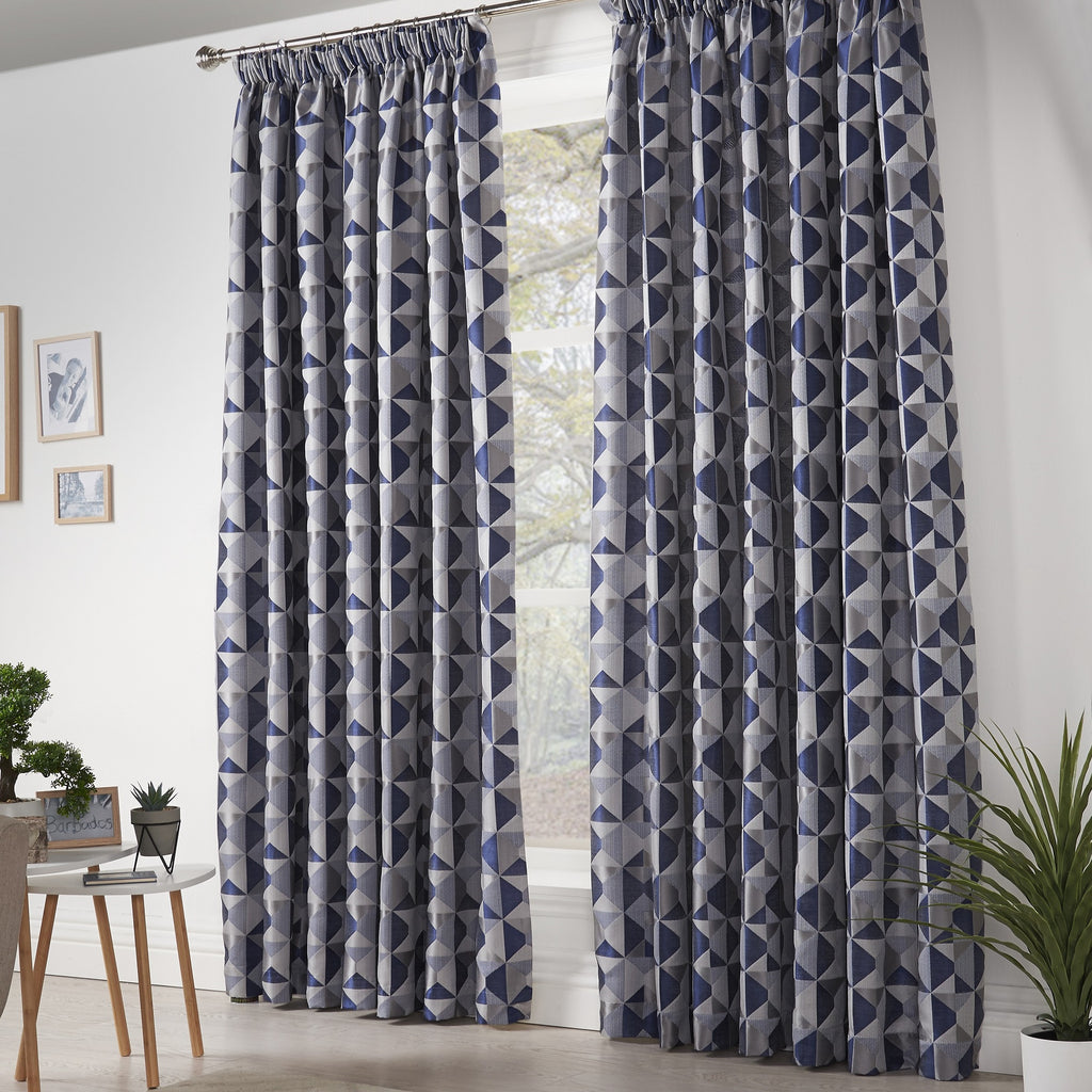 Skandi Geometric Jacquard Lined Pencil Pleat Curtains in Navy