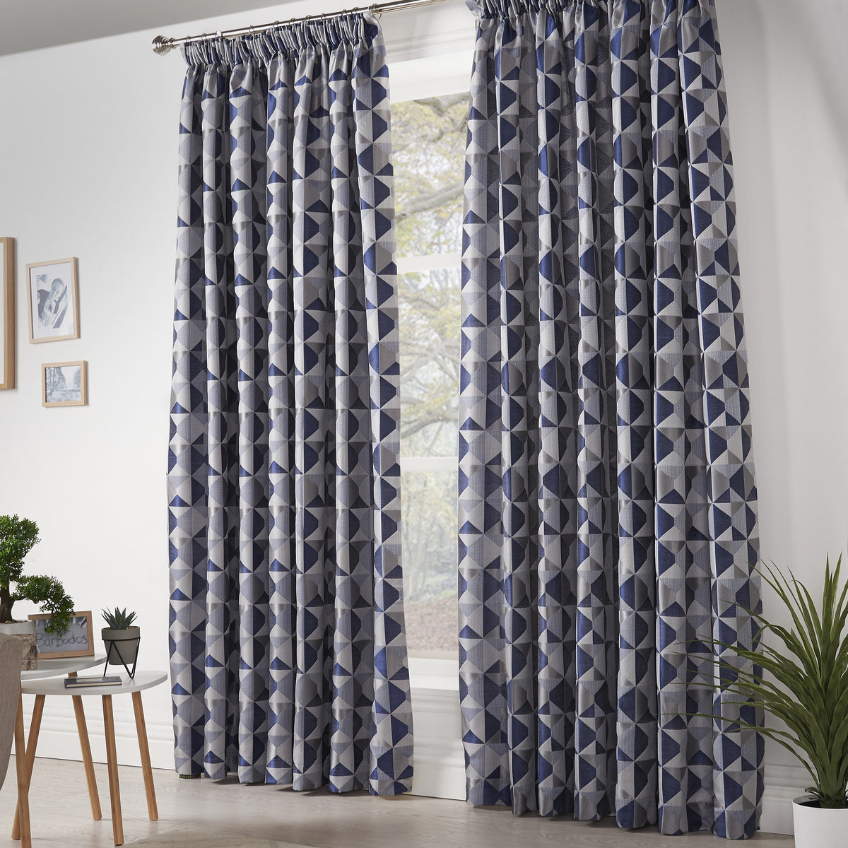 Skandi Geometric Jacquard Lined Pencil Pleat Curtains in Navy