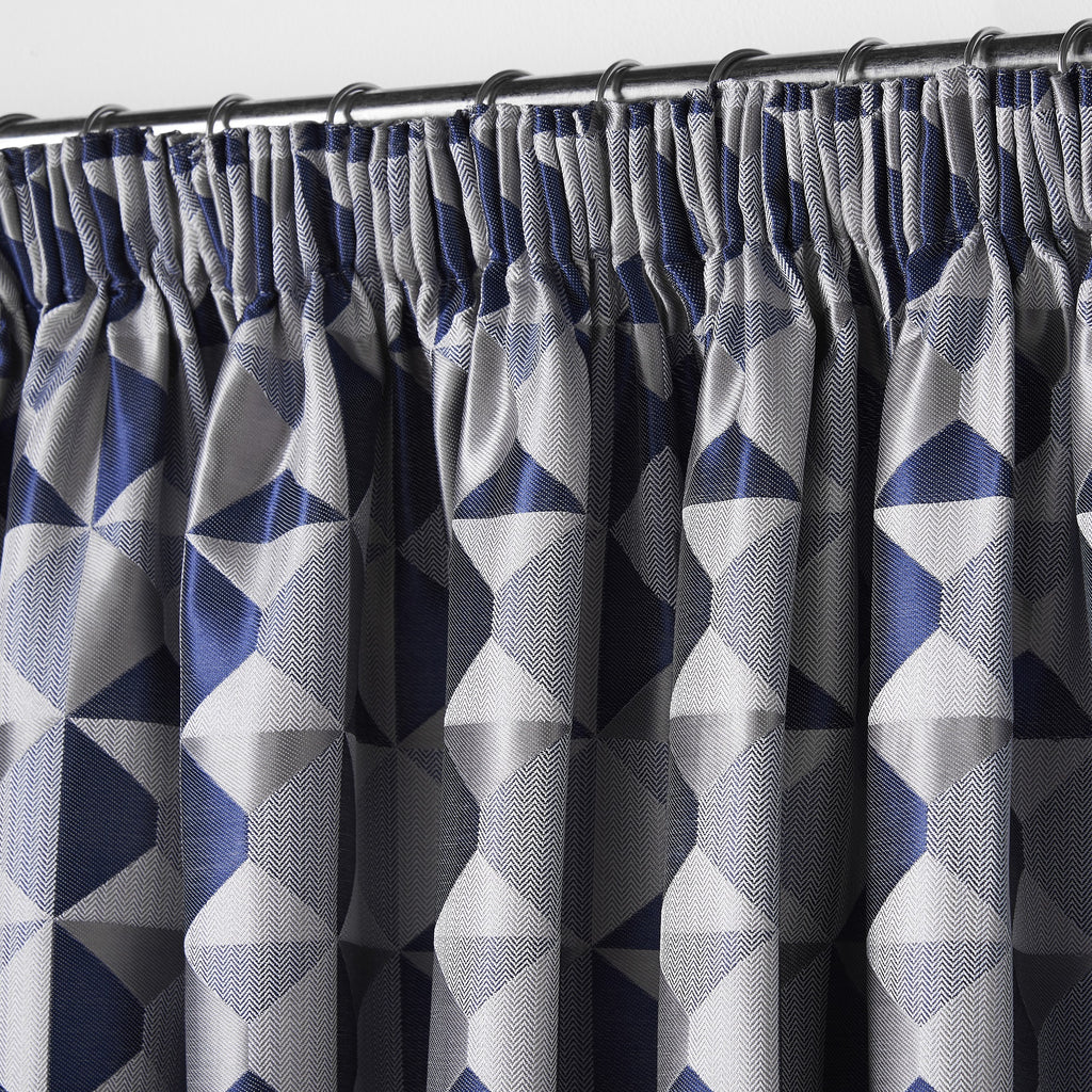 Skandi Geometric Jacquard Lined Pencil Pleat Curtains in Navy