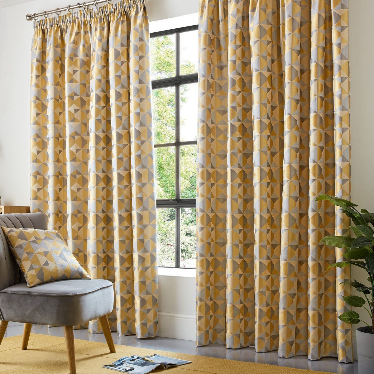 Skandi Geometric Jacquard Lined Pencil Pleat Curtains in Ochre
