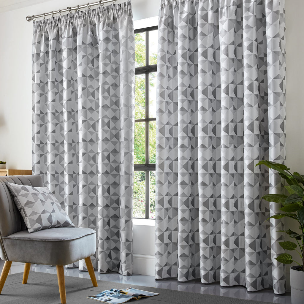 Skandi Geometric Jacquard Lined Pencil Pleat Curtains in Silver