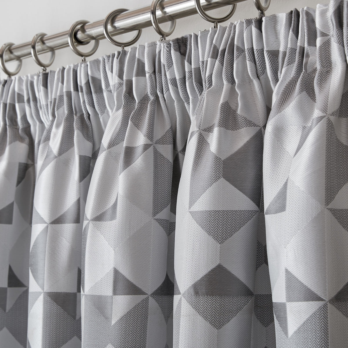 Skandi Geometric Jacquard Lined Pencil Pleat Curtains in Silver