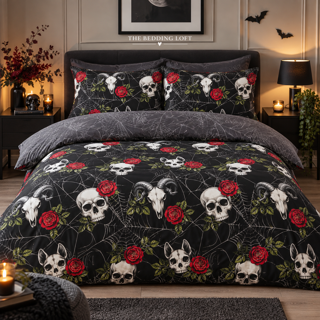 Skulls & Roses Reversible Gothic Microfibre Duvet Cover Set