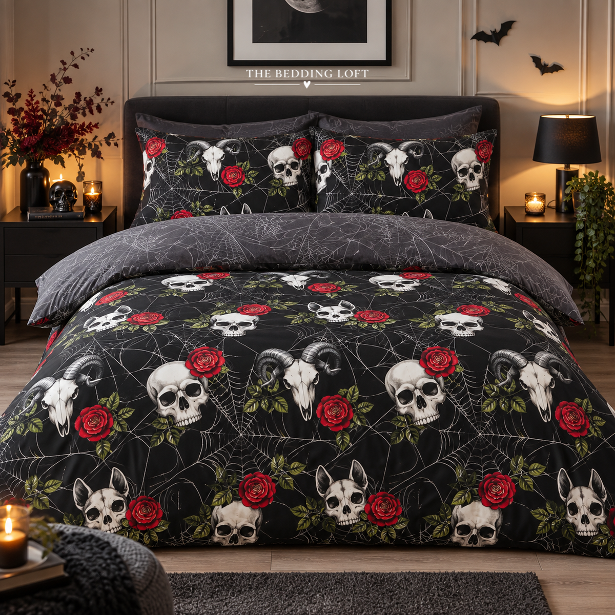 Skulls & Roses Reversible Gothic Microfibre Duvet Cover Set