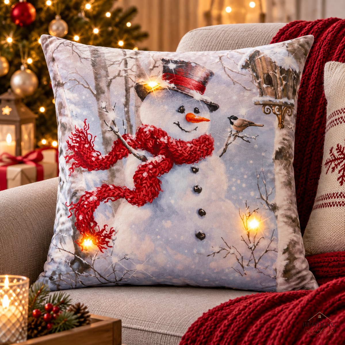 Snowman LED Christmas Cushion with 3 Lights 45 x 45cm