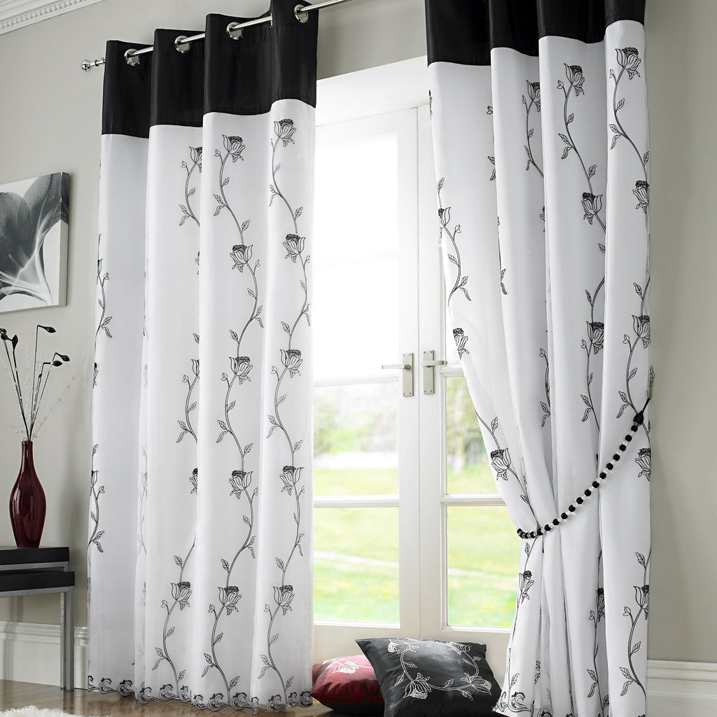 Tahiti Floral Embroidered Lined Eyelet Curtains in Black